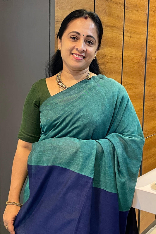 Handloom Kadhi Contrast Saree- Peacock Blue Royal Blue y-MB-KD-CON-13 - Manju Boutique