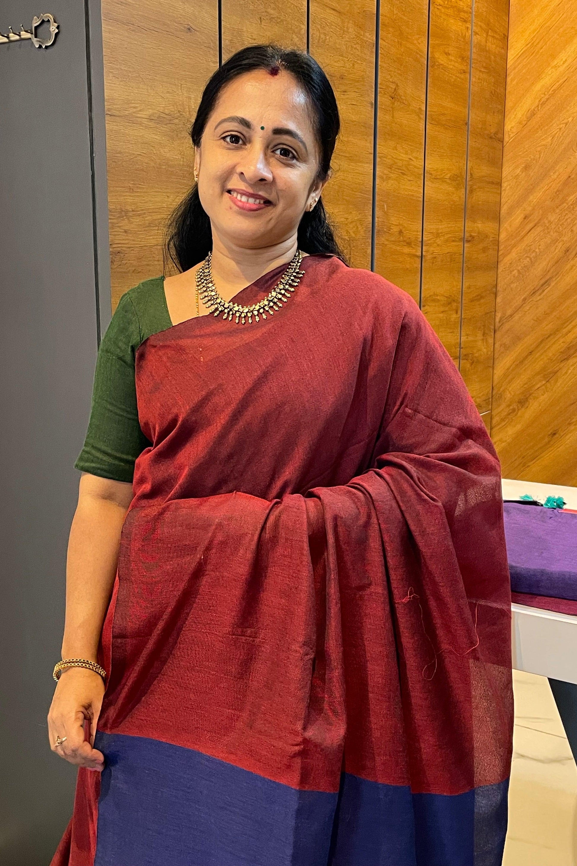 Handloom Kadhi Contrast Saree- Maroon Blue-MB-KD-CON-14 - Manju Boutique