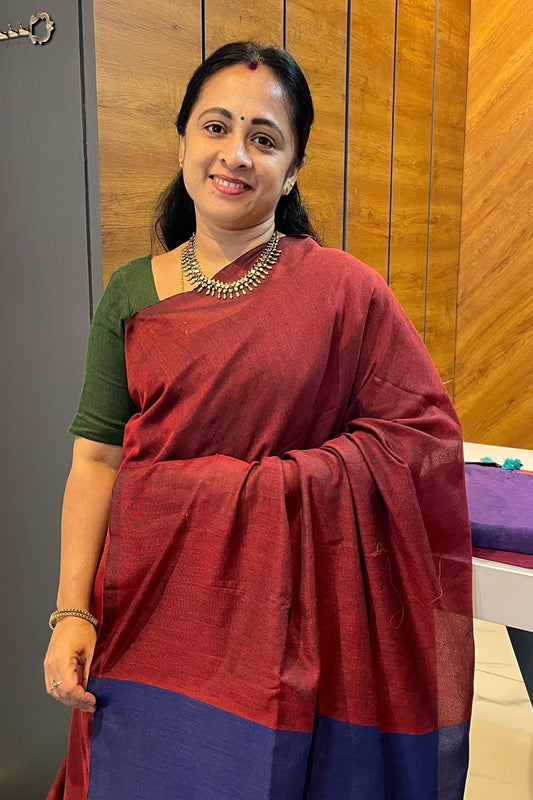 Handloom Kadhi Contrast Saree- Maroon Blue-MB-KD-CON-14 - Manju Boutique