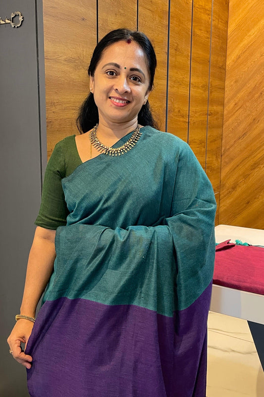 Handloom Kadhi Contrast Saree- Peacock Blue Violet-MB-KD-CON-15 - Manju Boutique
