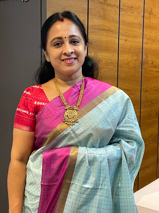 Teal Blue with Pink Arani Semi Silk Saree