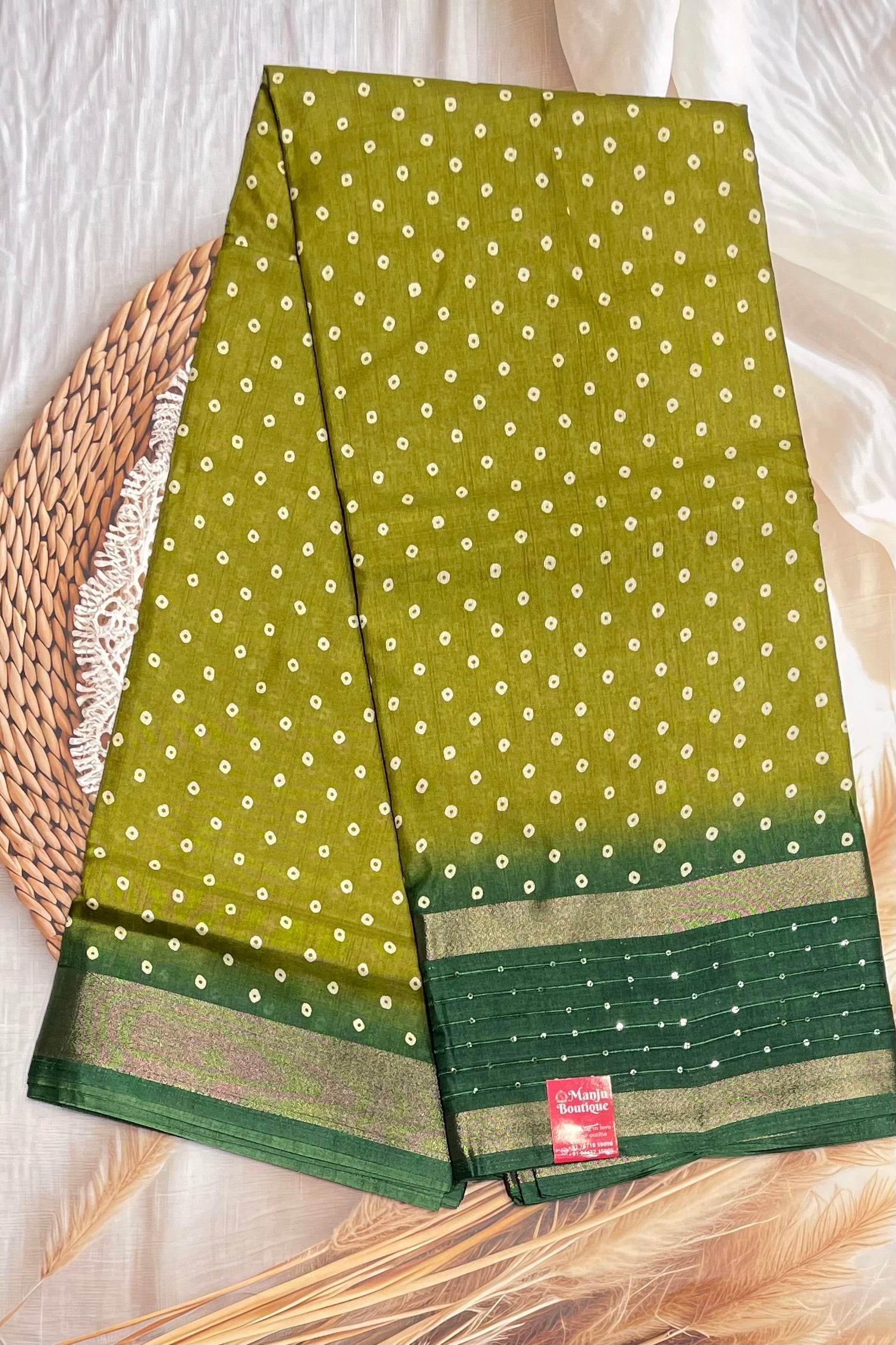 Premium Sequins Dola Silk Saree in Mehendi Green – Elegant, Lightweight, and Shimmering Design | Manju Boutique