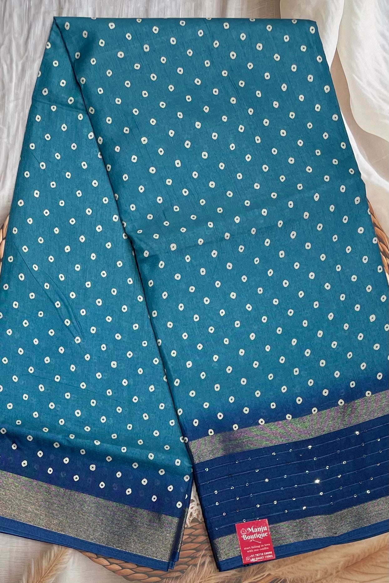 Premium Sequins Dola Silk Saree in Ananda Blue – Elegant, Lightweight, and Shimmering Design | Manju Boutique