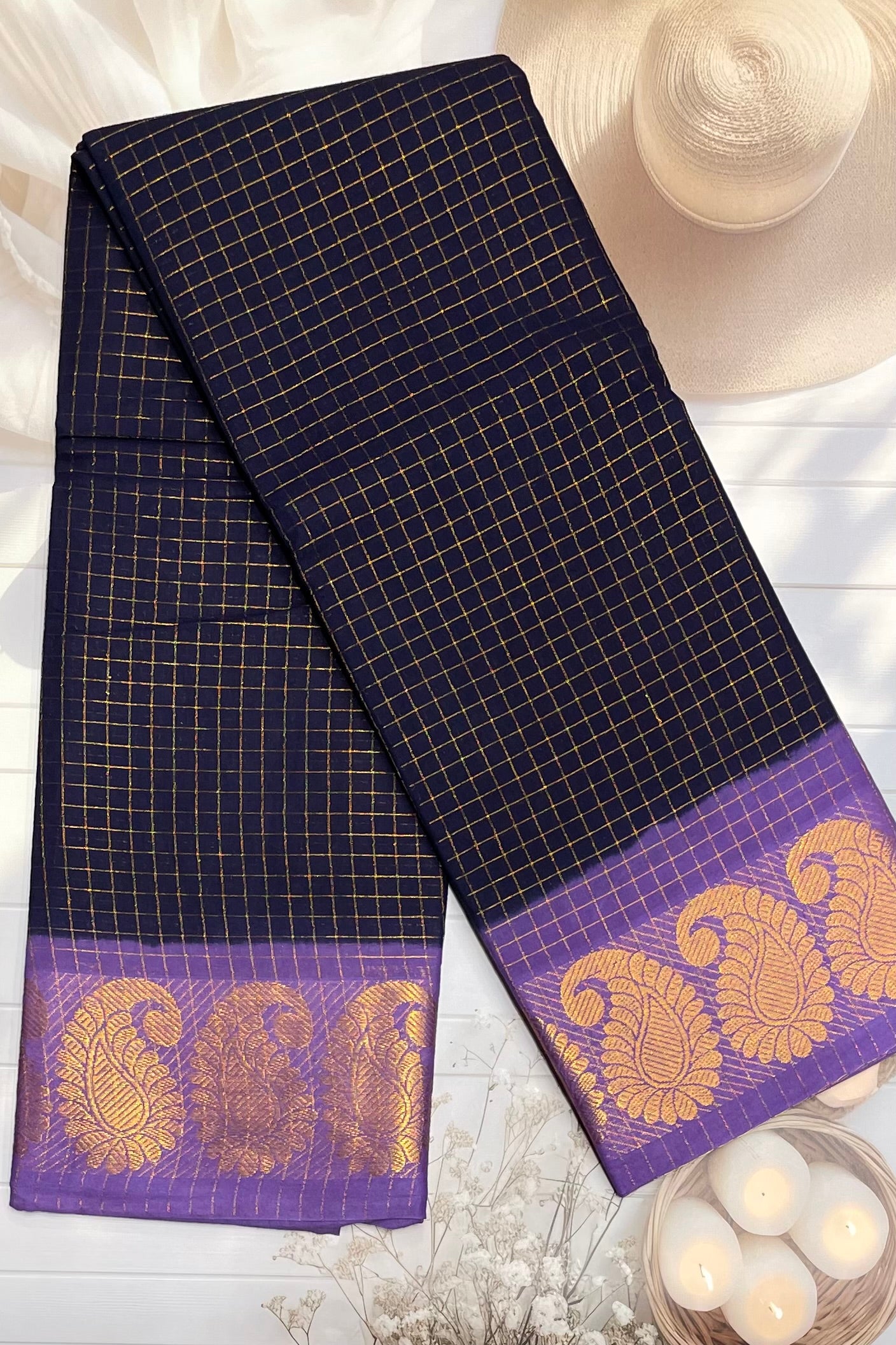 Sungudi Cotton Zari Checks | Navy Lavender | SC01