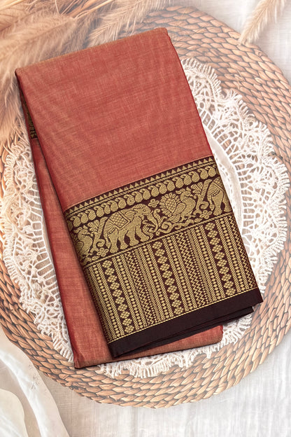 Narayanpet Cotton Saree – Elephant Thread Weave Border with Striped Pallu-MNC09-Peach