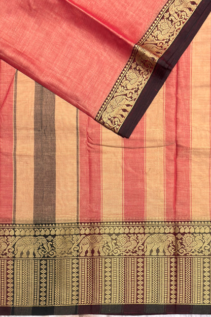 Narayanpet Cotton Saree – Elephant Thread Weave Border with Striped Pallu-MNC09-Peach