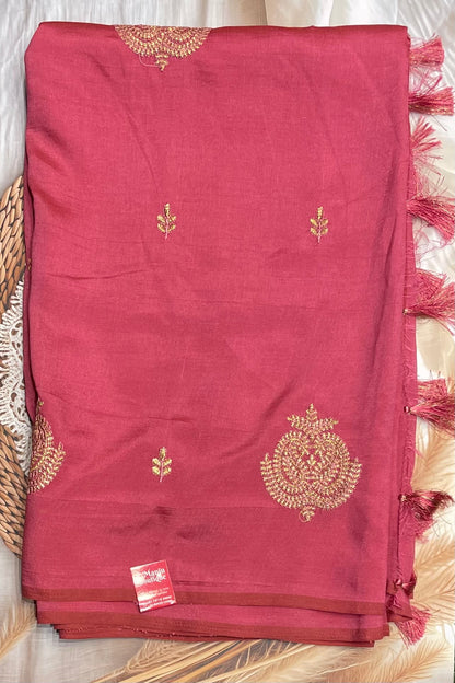 Onion Pink Malai Silk Saree displayed fully, showcasing its graceful embroidery and luxurious drape