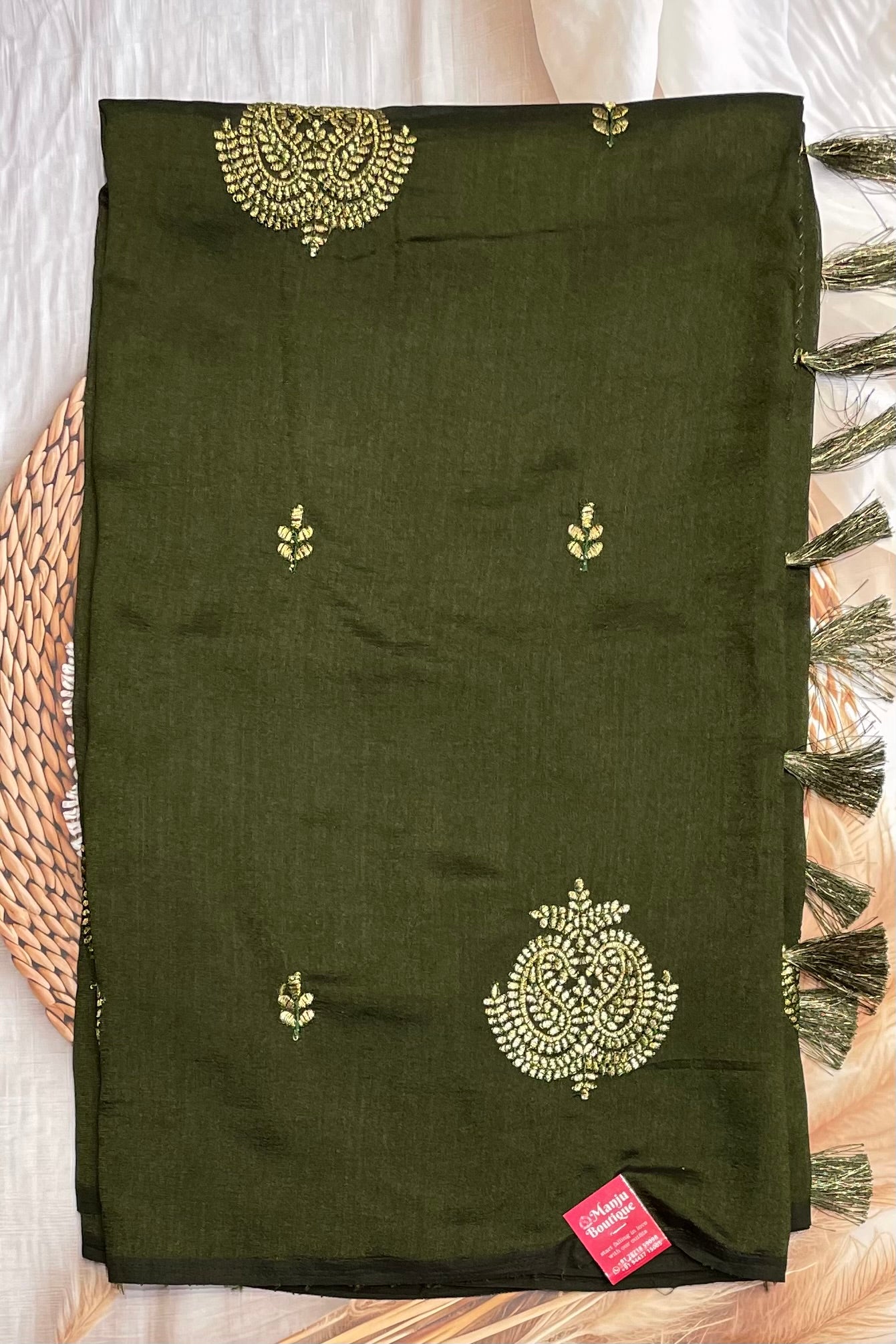 Front View of Mehendi Green Malai Silk Saree with Embroidery Work