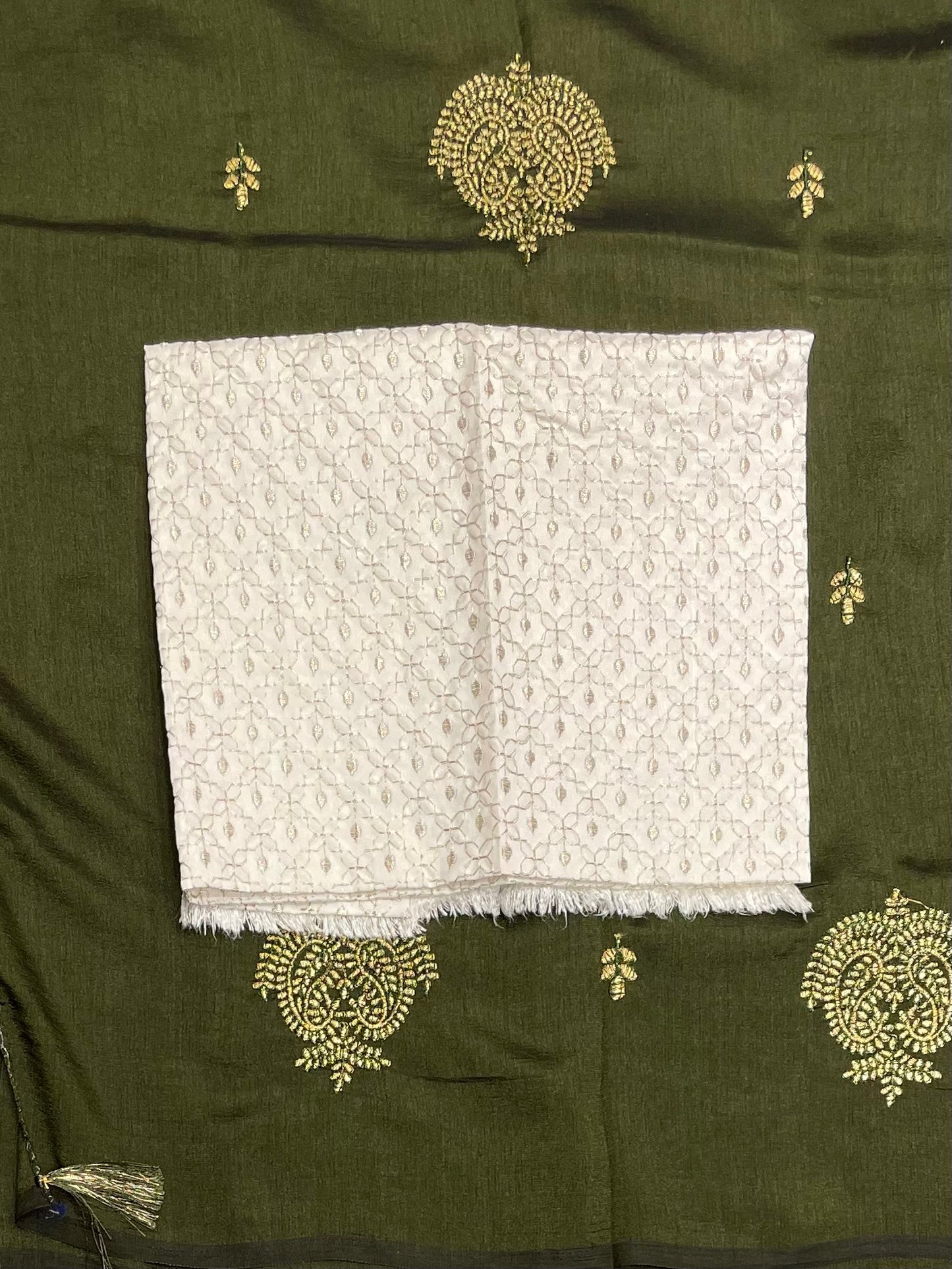 Rich Cream Embroidered Blouse Paired with Mehendi Green Saree