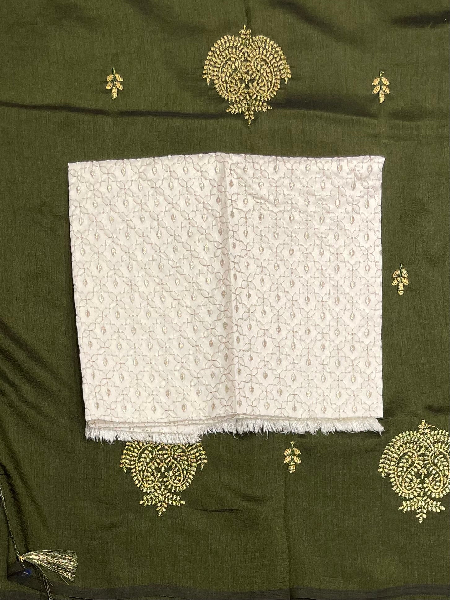 Rich Cream Embroidered Blouse Paired with Mehendi Green Saree