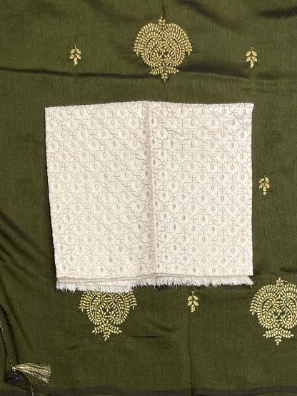 Rich Cream Embroidered Blouse Paired with Mehendi Green Saree