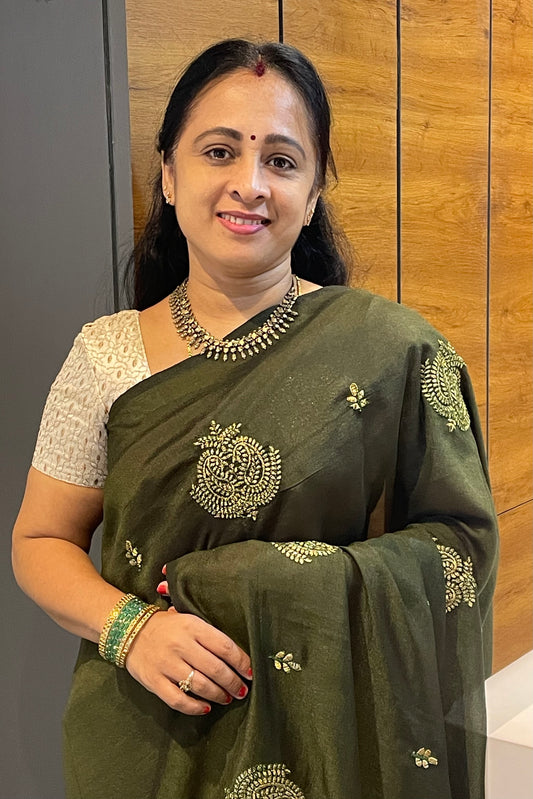 	Full Saree Draped View – Elegant Mehendi Green Malai Silk with Blouse