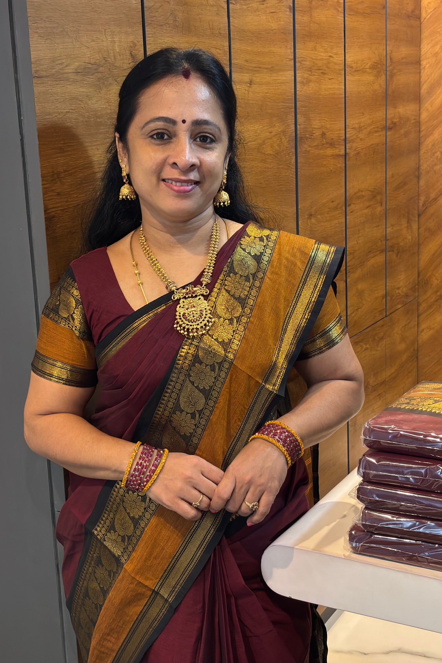 Meenakshi -Chettinad  Cotton | Maroon with Mustard and Black  Retta Pet Border | MCK02