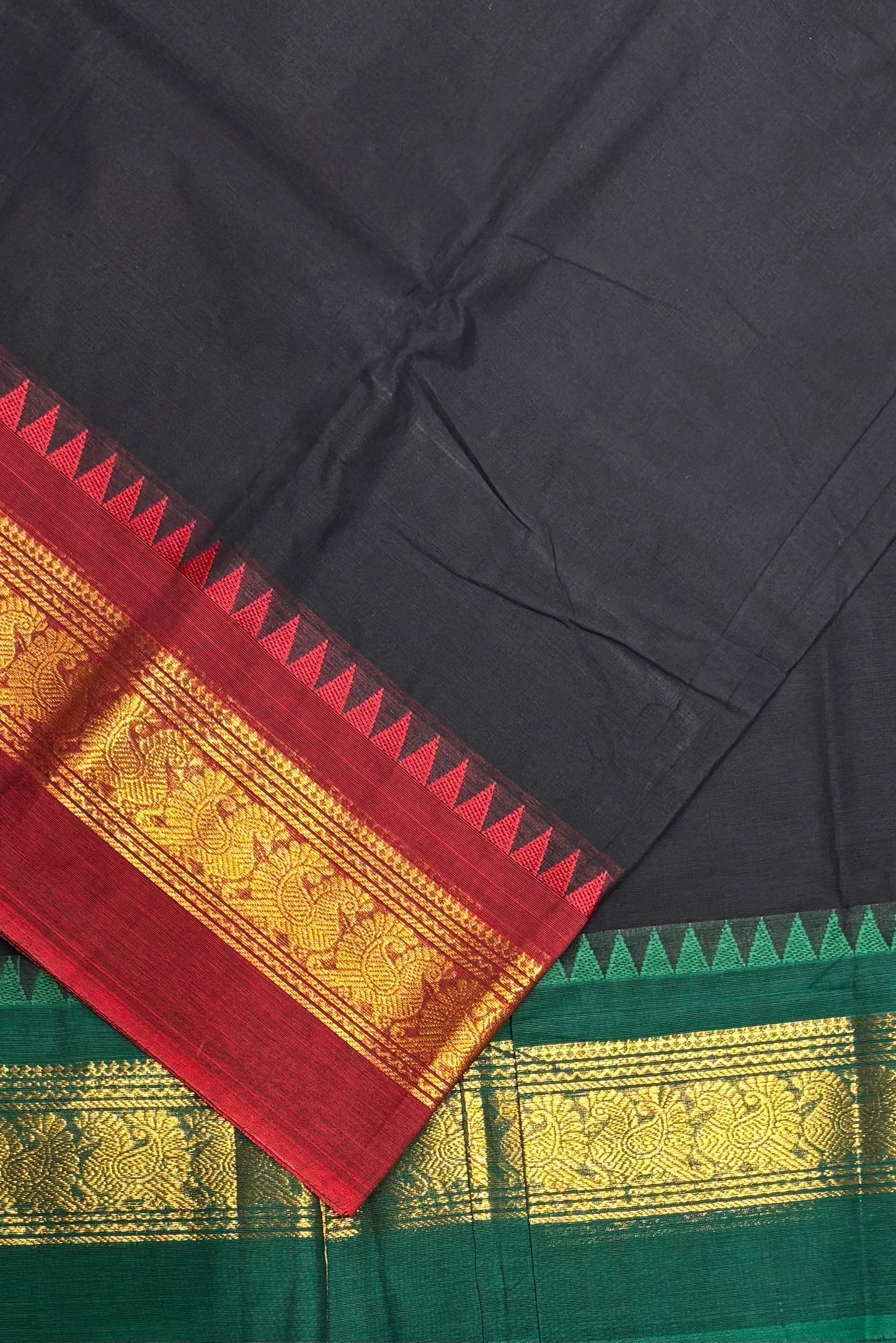 Meenakshi -Chettinad  Cotton | Black  with Green/ Red  | MCK12