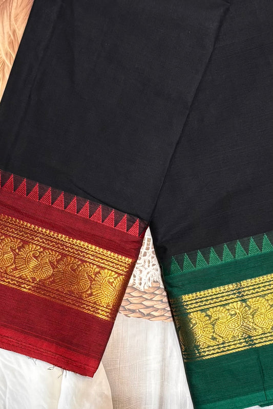Meenakshi -Chettinad  Cotton | Black  with Green/ Red  | MCK12