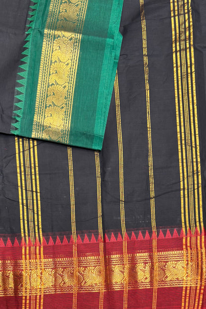 Meenakshi -Chettinad  Cotton | Black  with Green/ Red  | MCK12