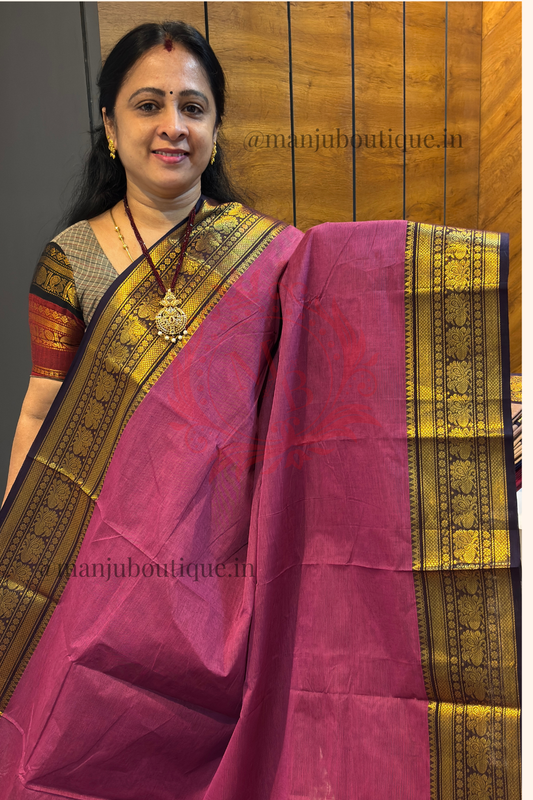 Meenakshi -Premium Kanchi Cotton Saree - Onion Pink With Navy  | MCK119