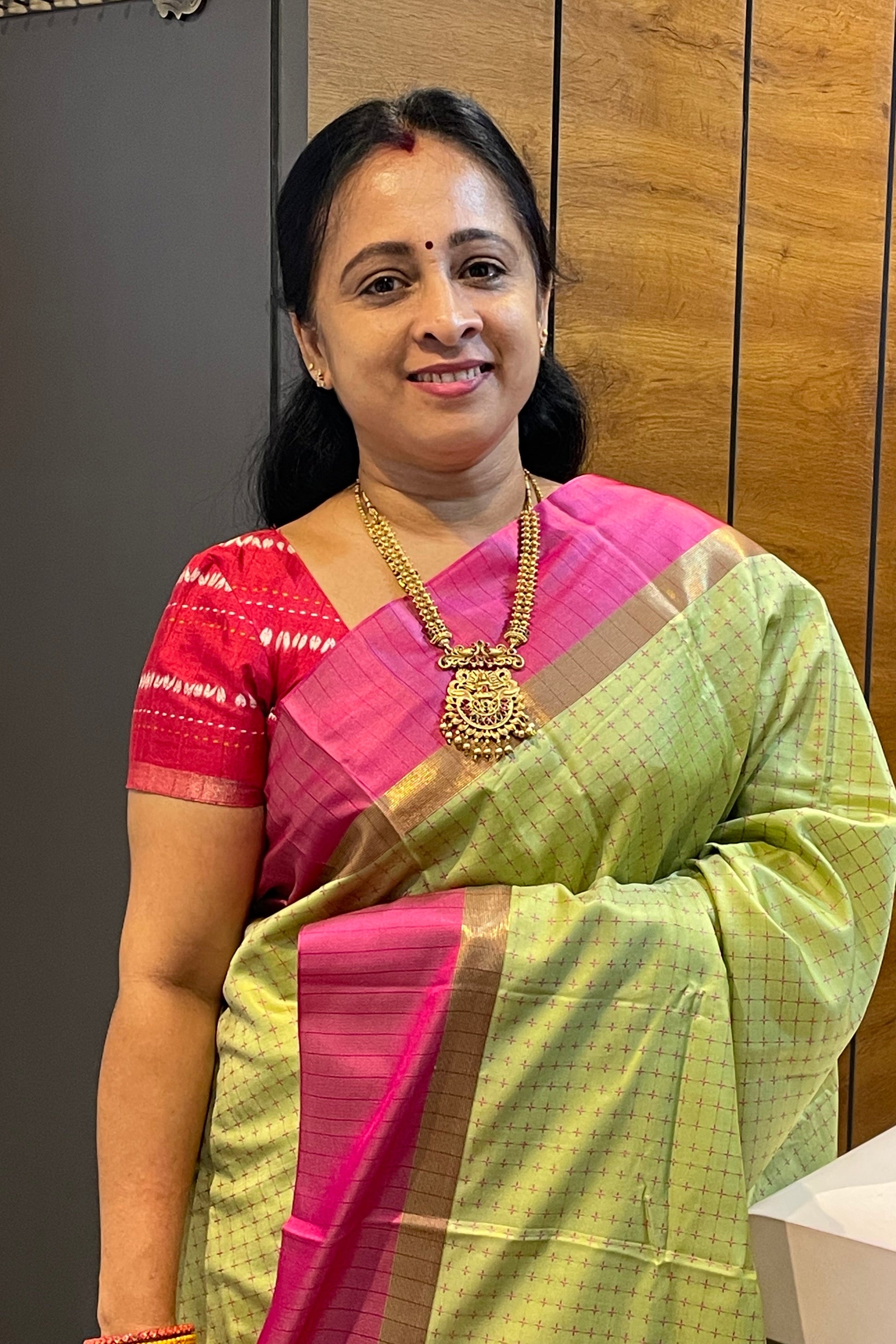 Pista Green Arani Semi Silk Saree with Pink Pallu & Blouse – Elegant Traditional Wear from Manju Boutique