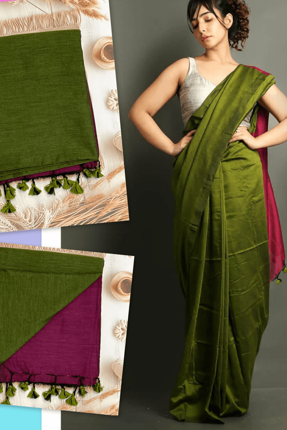Handloom Kadhi Contrast Saree- Green Pink -MB-KD-CON-07 - Manju Boutique