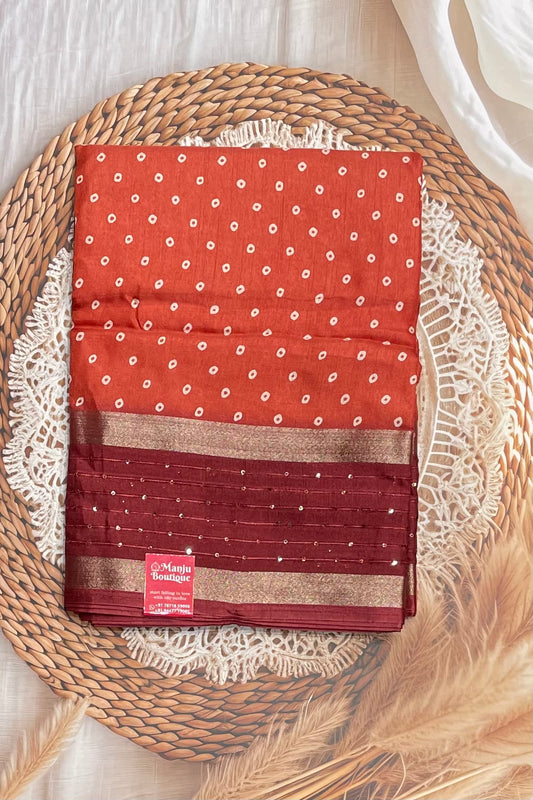 Premium Sequins Dola Silk Saree in Brick Red – Elegant, Lightweight, and Shimmering Design | Manju Boutique